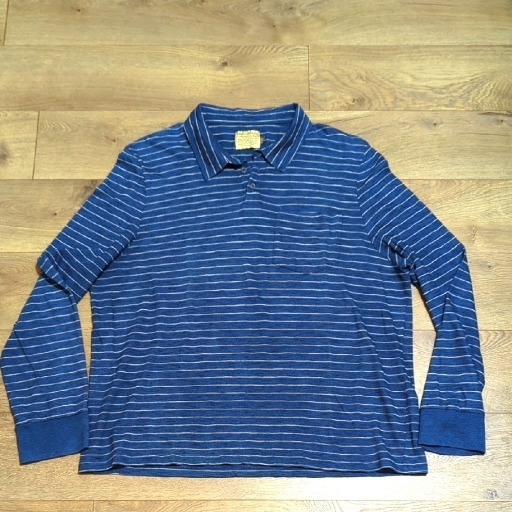 John Lewis & Co Men's Polo Long Sleeve Shirt Blue White Stripes Cotton XXL